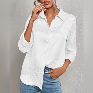 SHEIN White Satin Leopard Print Blouse NWOT